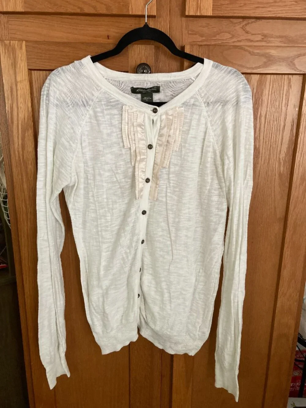 Eddie Bauer Ivory Cotton Cardigan Sweater XL Y2K Coquette Ribbon Trim